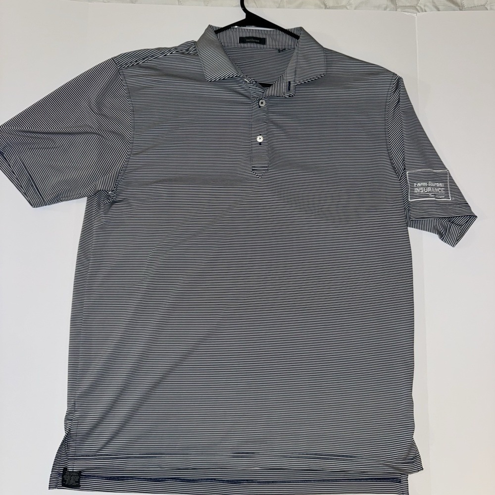 Mens Large Turtleson Polo Shirt Navy Blue Excellent Striped Farm Bureau‎ Logo